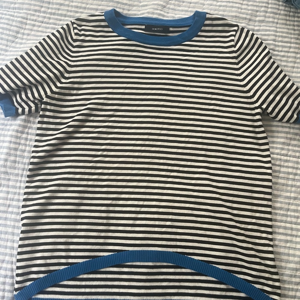 Black & White Striped Tee with Blue Trim